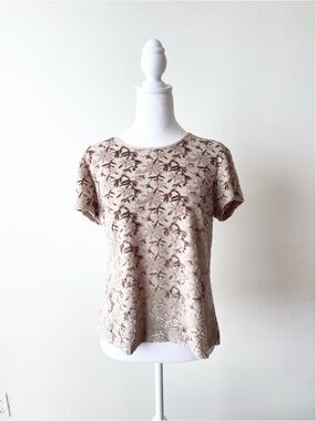 Talbots Brown & Cream Floral Velvet Short Sleeve Women's Top Size M